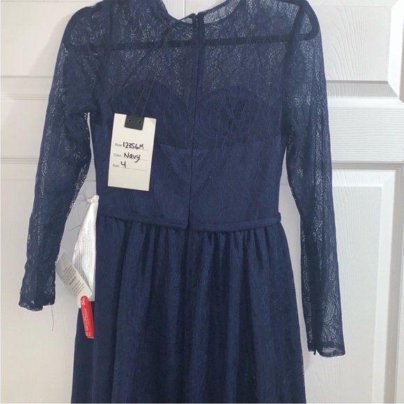 NEW Mac Duggal 12356D Navy Lace Long Sleeve Dress Gown w/ Overskirt Size 4 - Picture 4 of 6